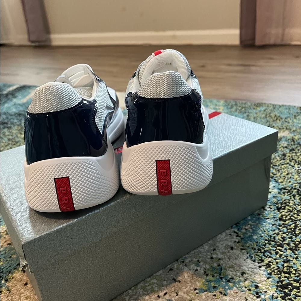 Prada White and Dark Blue Sneakers with Red Accents